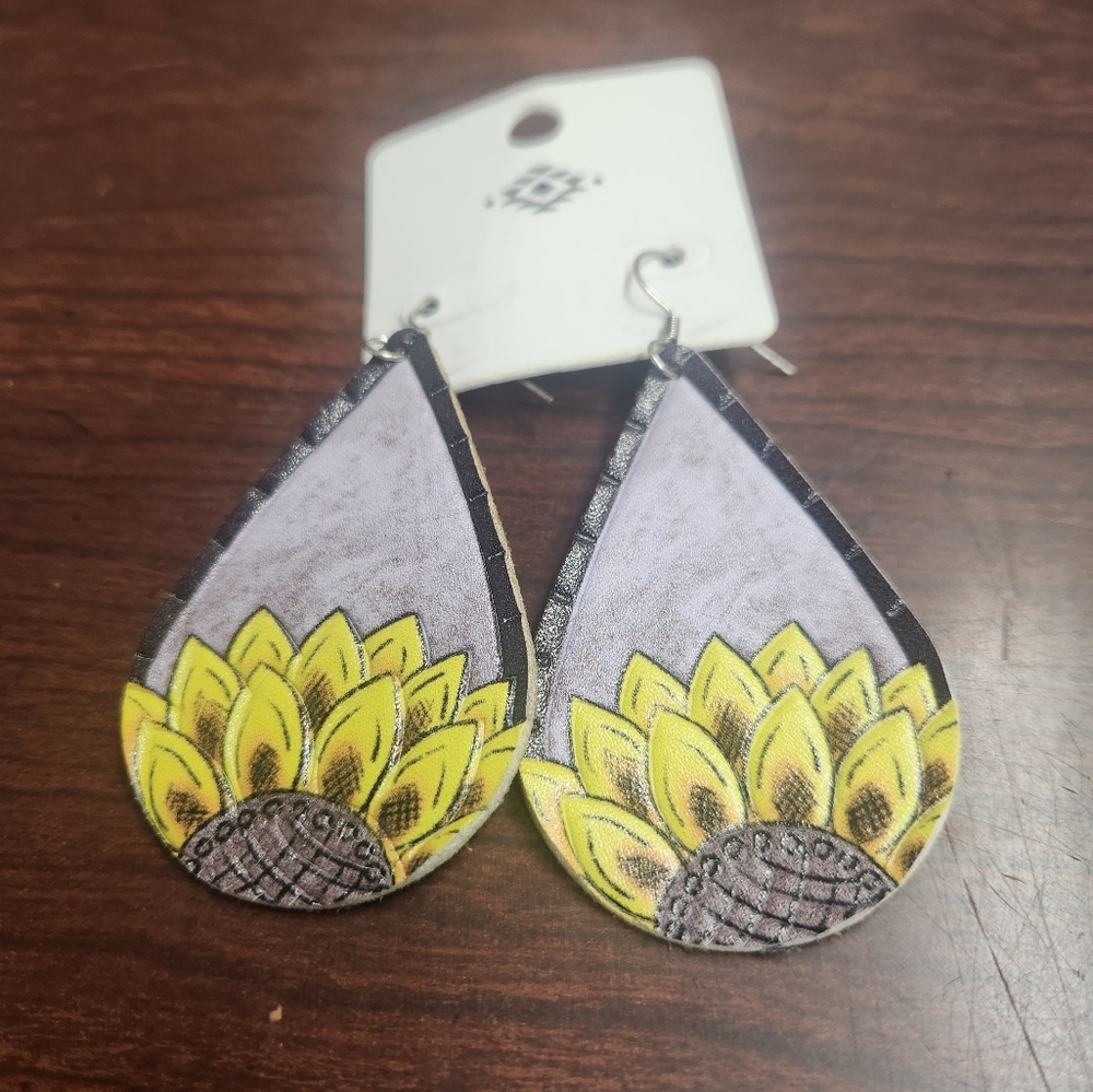 Sunflower Teardrop Leather Earrings